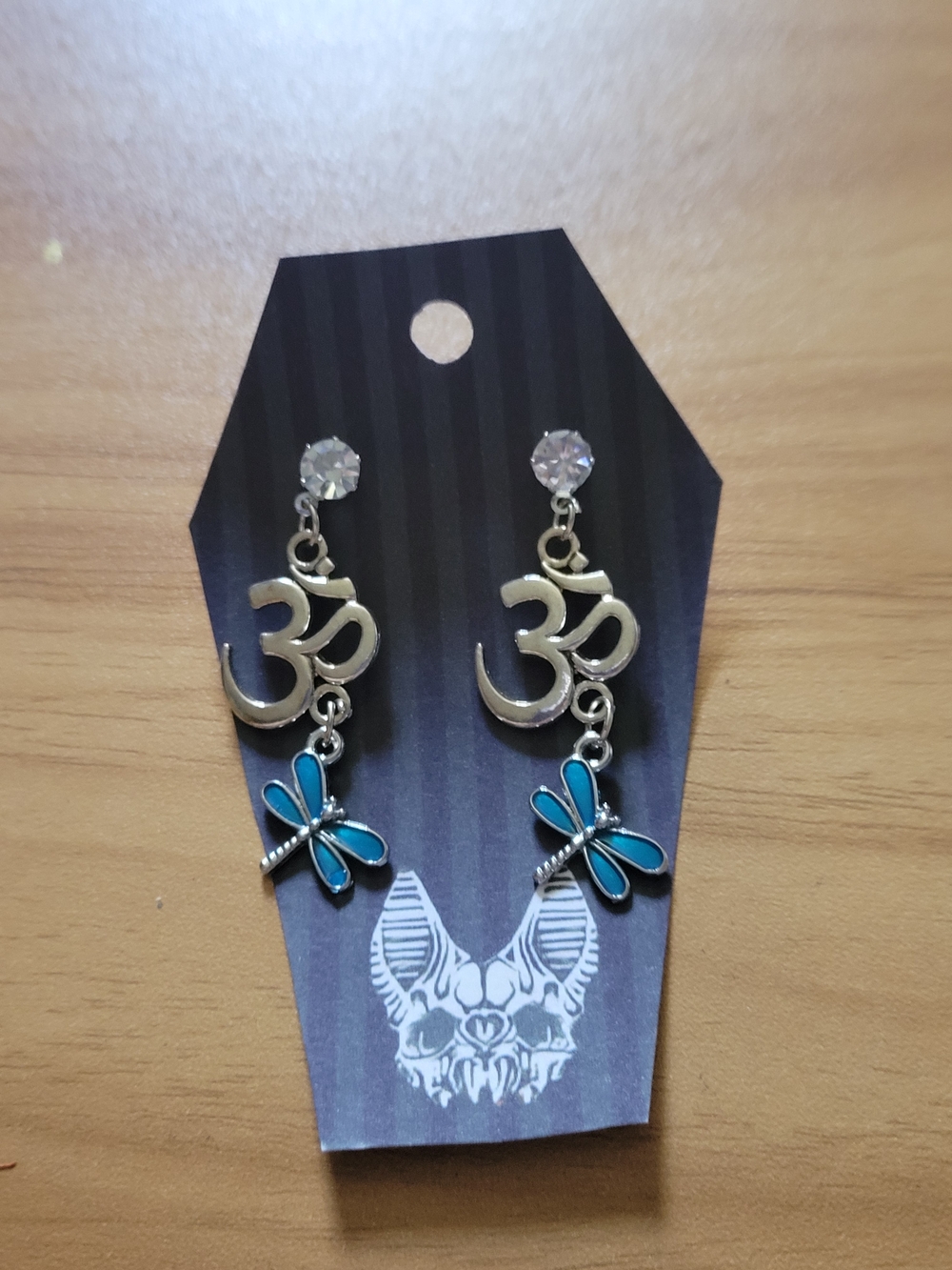 💀NEW💀Hand Crafted silver OM earrings with turquoise blue dragonfly charms